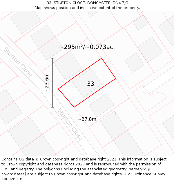 33, STURTON CLOSE, DONCASTER, DN4 7JG: Plot and title map