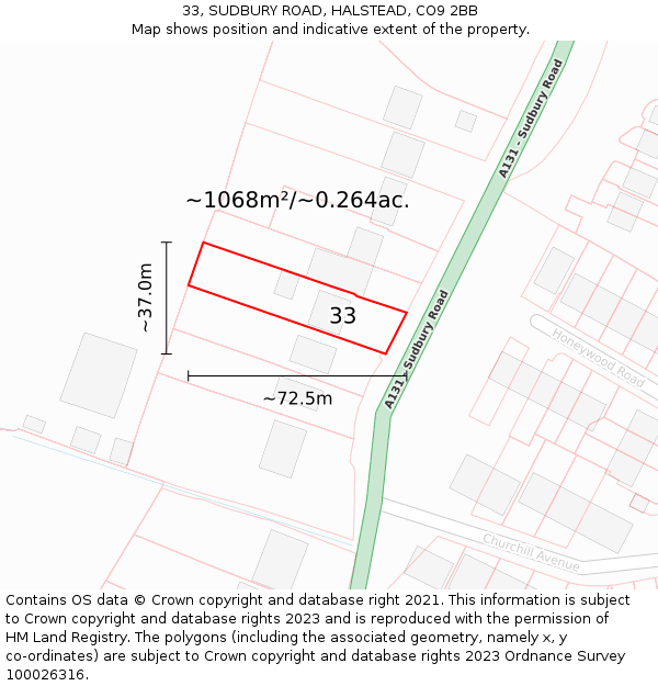 33, SUDBURY ROAD, HALSTEAD, CO9 2BB: Plot and title map