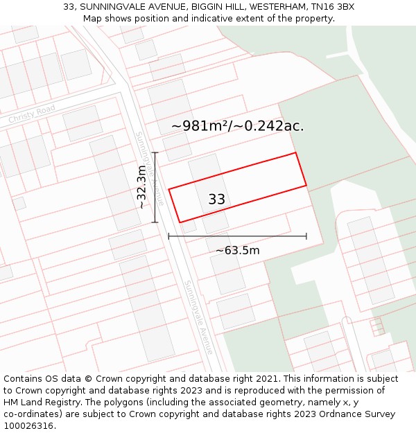 33, SUNNINGVALE AVENUE, BIGGIN HILL, WESTERHAM, TN16 3BX: Plot and title map