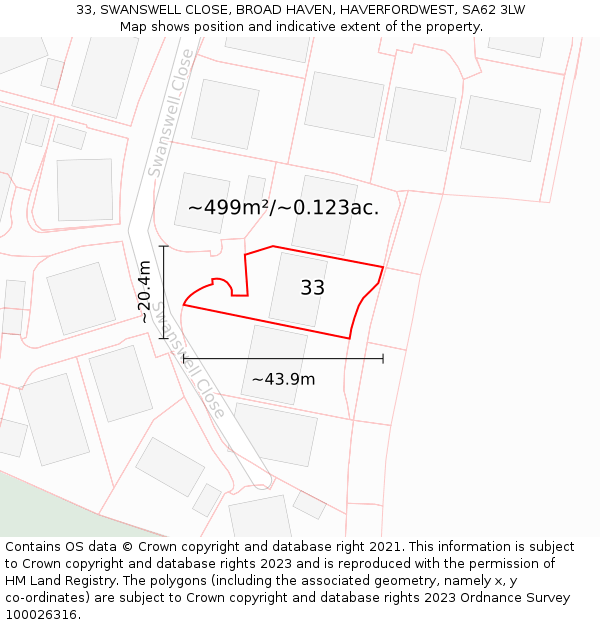 33, SWANSWELL CLOSE, BROAD HAVEN, HAVERFORDWEST, SA62 3LW: Plot and title map