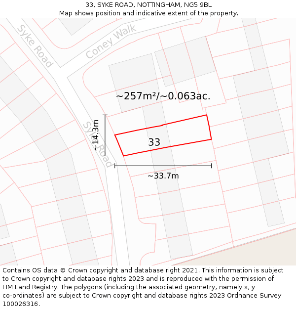 33, SYKE ROAD, NOTTINGHAM, NG5 9BL: Plot and title map