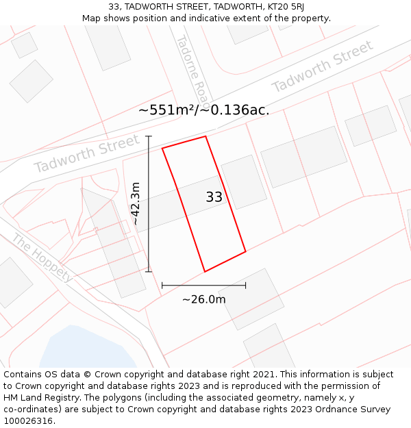 33, TADWORTH STREET, TADWORTH, KT20 5RJ: Plot and title map