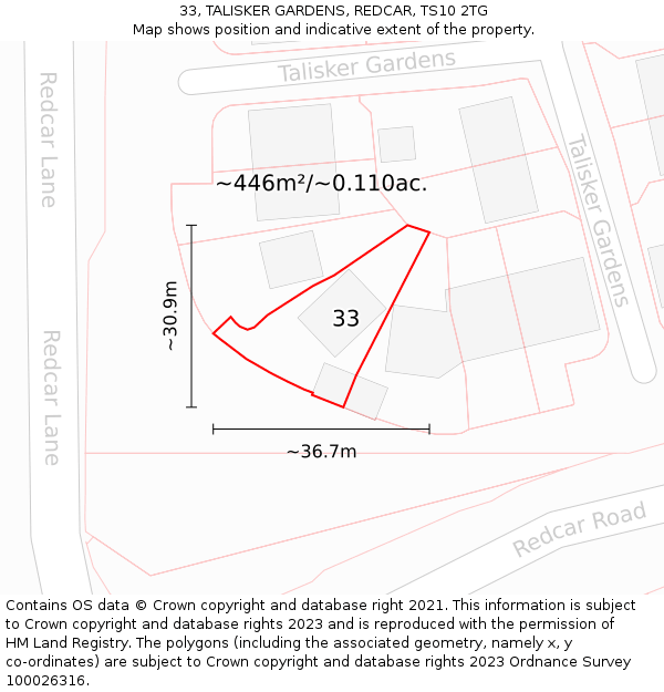 33, TALISKER GARDENS, REDCAR, TS10 2TG: Plot and title map