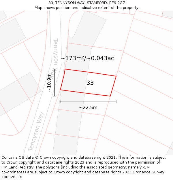 33, TENNYSON WAY, STAMFORD, PE9 2GZ: Plot and title map