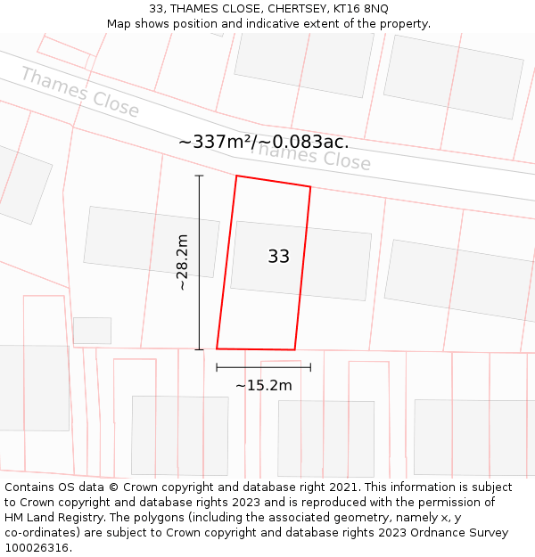 33, THAMES CLOSE, CHERTSEY, KT16 8NQ: Plot and title map