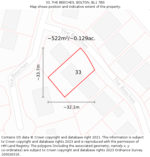 33, THE BEECHES, BOLTON, BL1 7BS: Plot and title map