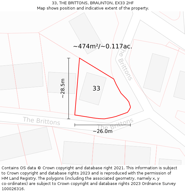 33, THE BRITTONS, BRAUNTON, EX33 2HF: Plot and title map