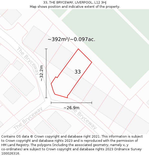 33, THE BRYCEWAY, LIVERPOOL, L12 3HJ: Plot and title map