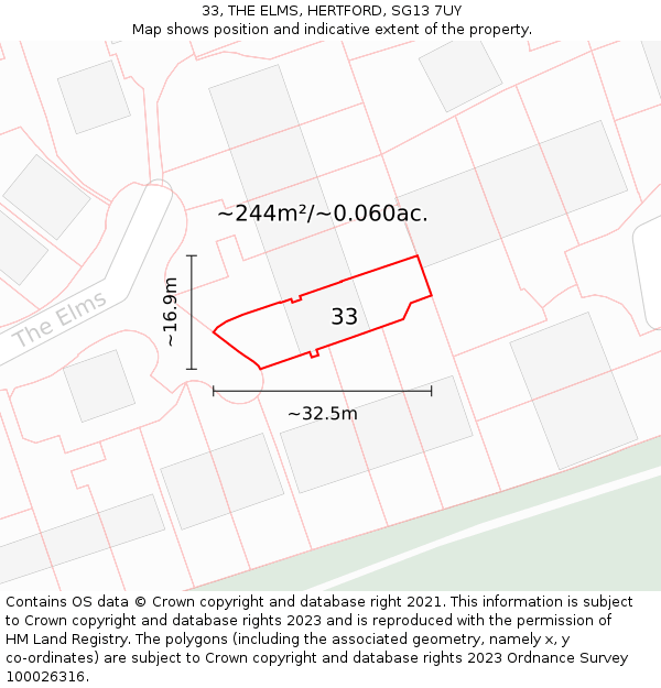 33, THE ELMS, HERTFORD, SG13 7UY: Plot and title map