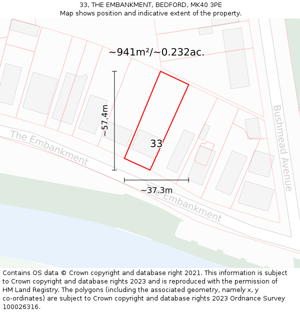 33, THE EMBANKMENT, BEDFORD, MK40 3PE: Plot and title map