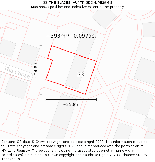 33, THE GLADES, HUNTINGDON, PE29 6JS: Plot and title map