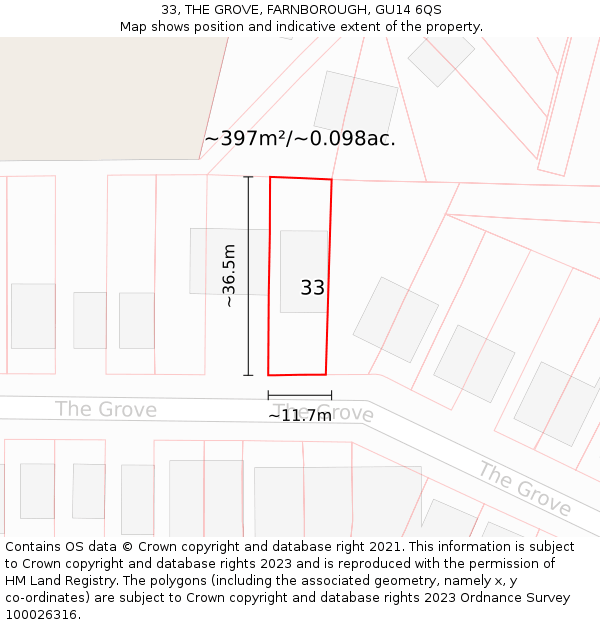 33, THE GROVE, FARNBOROUGH, GU14 6QS: Plot and title map