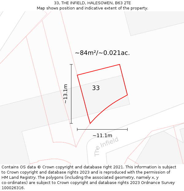 33, THE INFIELD, HALESOWEN, B63 2TE: Plot and title map