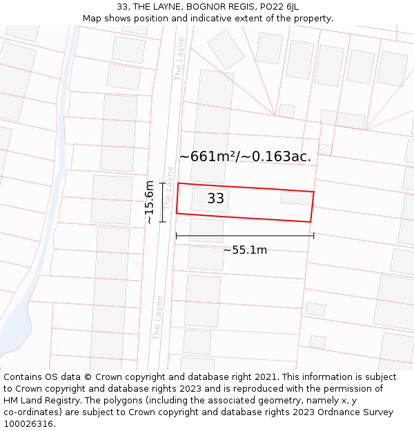 33, THE LAYNE, BOGNOR REGIS, PO22 6JL: Plot and title map