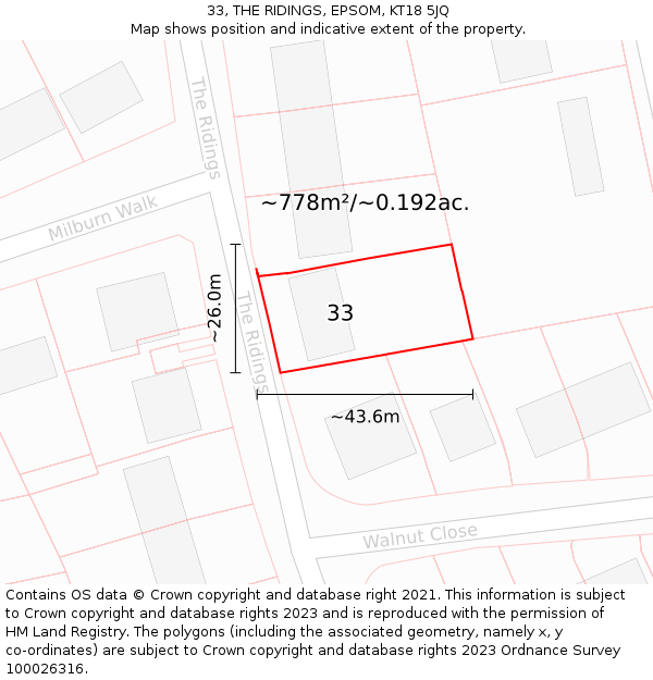 33, THE RIDINGS, EPSOM, KT18 5JQ: Plot and title map