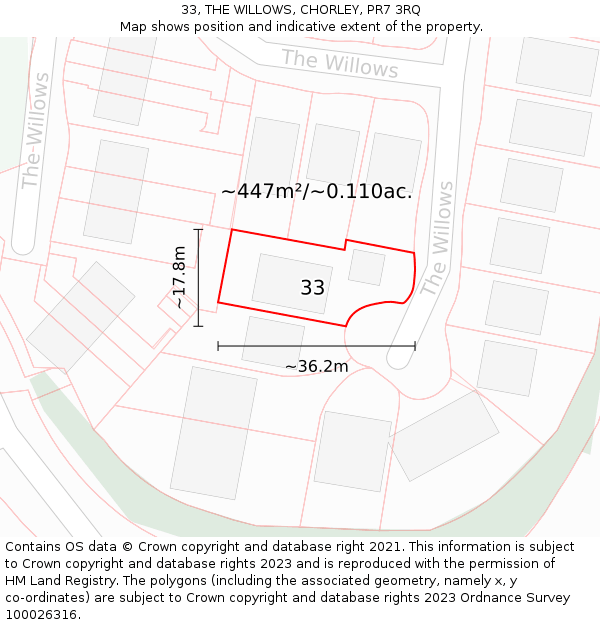 33, THE WILLOWS, CHORLEY, PR7 3RQ: Plot and title map