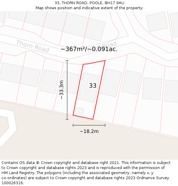 33, THORN ROAD, POOLE, BH17 9AU: Plot and title map