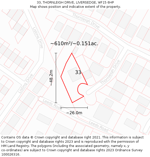 33, THORNLEIGH DRIVE, LIVERSEDGE, WF15 6HP: Plot and title map