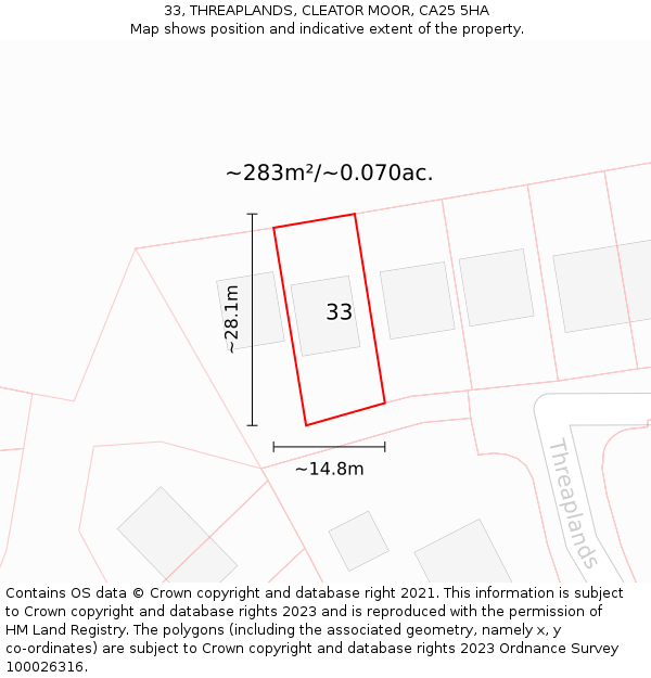 33, THREAPLANDS, CLEATOR MOOR, CA25 5HA: Plot and title map