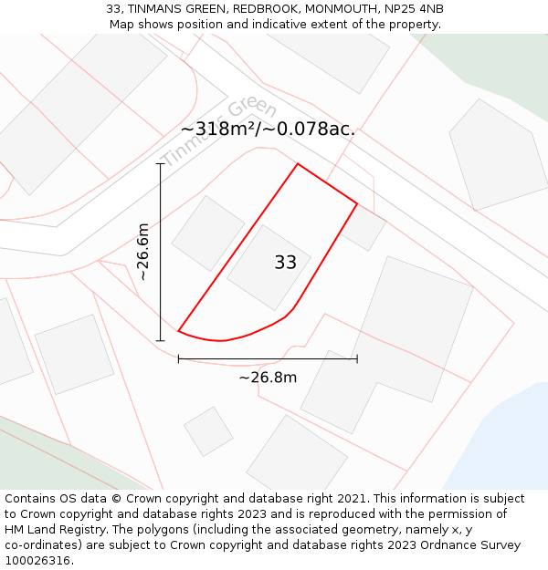 33, TINMANS GREEN, REDBROOK, MONMOUTH, NP25 4NB: Plot and title map