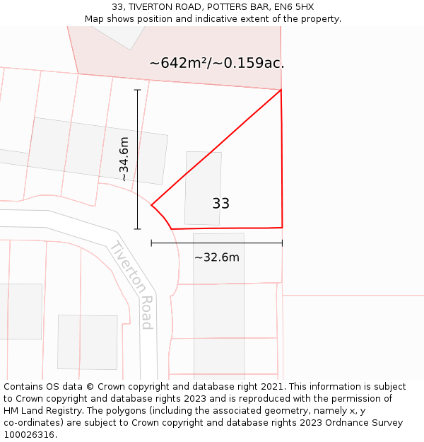 33, TIVERTON ROAD, POTTERS BAR, EN6 5HX: Plot and title map