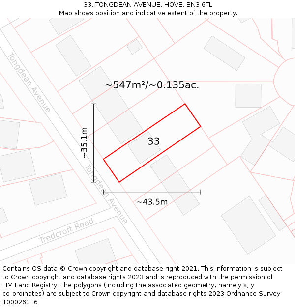 33, TONGDEAN AVENUE, HOVE, BN3 6TL: Plot and title map