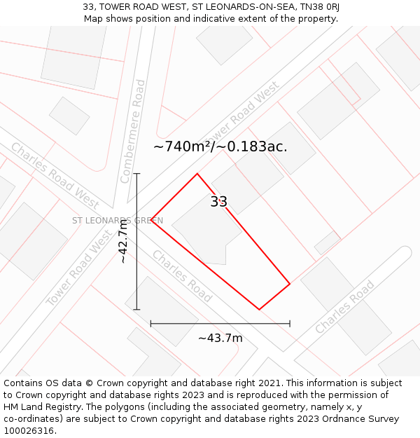 33, TOWER ROAD WEST, ST LEONARDS-ON-SEA, TN38 0RJ: Plot and title map