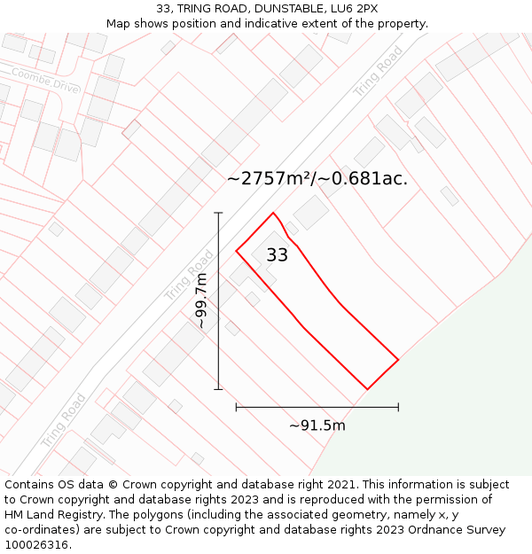 33, TRING ROAD, DUNSTABLE, LU6 2PX: Plot and title map