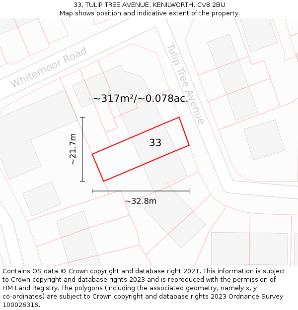 33, TULIP TREE AVENUE, KENILWORTH, CV8 2BU: Plot and title map