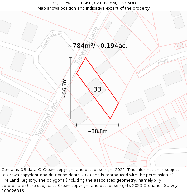 33, TUPWOOD LANE, CATERHAM, CR3 6DB: Plot and title map