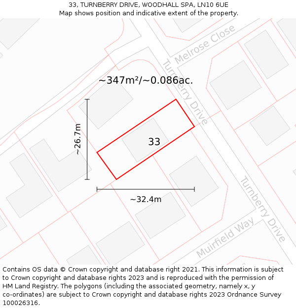 33, TURNBERRY DRIVE, WOODHALL SPA, LN10 6UE: Plot and title map