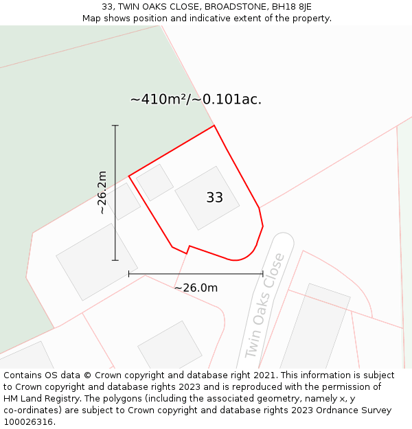 33, TWIN OAKS CLOSE, BROADSTONE, BH18 8JE: Plot and title map