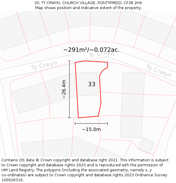 33, TY CRWYN, CHURCH VILLAGE, PONTYPRIDD, CF38 2HX: Plot and title map