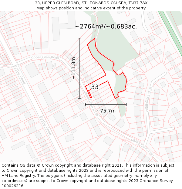 33, UPPER GLEN ROAD, ST LEONARDS-ON-SEA, TN37 7AX: Plot and title map