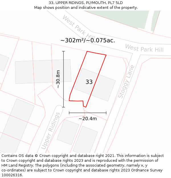 33, UPPER RIDINGS, PLYMOUTH, PL7 5LD: Plot and title map