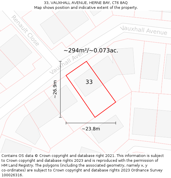 33, VAUXHALL AVENUE, HERNE BAY, CT6 8AQ: Plot and title map