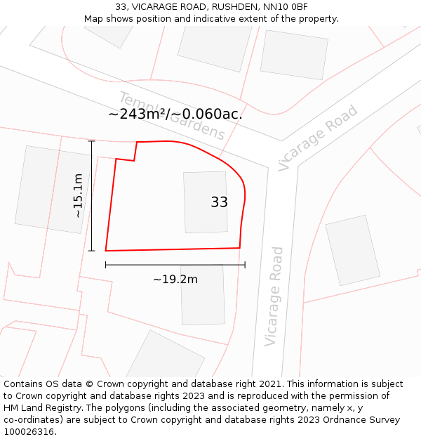 33, VICARAGE ROAD, RUSHDEN, NN10 0BF: Plot and title map
