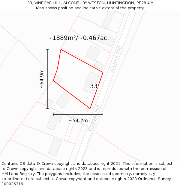 33, VINEGAR HILL, ALCONBURY WESTON, HUNTINGDON, PE28 4JA: Plot and title map