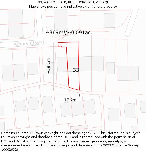 33, WALCOT WALK, PETERBOROUGH, PE3 9QF: Plot and title map