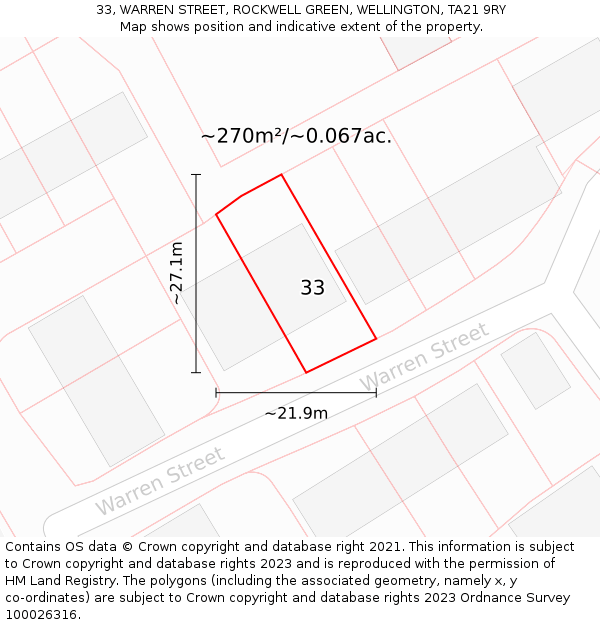 33, WARREN STREET, ROCKWELL GREEN, WELLINGTON, TA21 9RY: Plot and title map