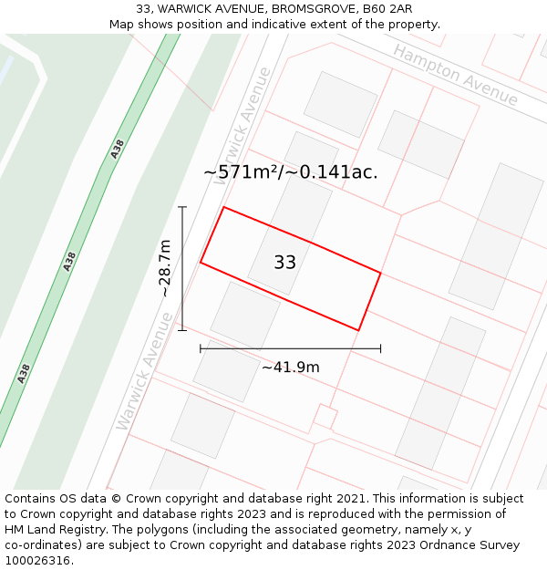 33, WARWICK AVENUE, BROMSGROVE, B60 2AR: Plot and title map