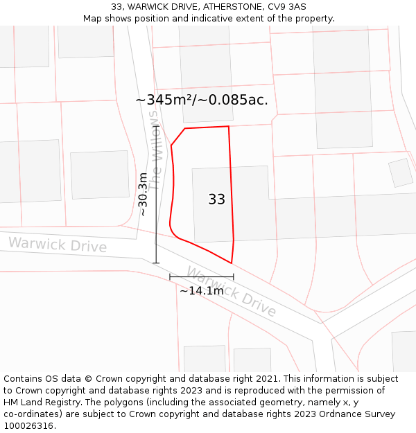 33, WARWICK DRIVE, ATHERSTONE, CV9 3AS: Plot and title map