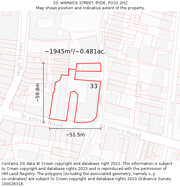 33, WARWICK STREET, RYDE, PO33 2HZ: Plot and title map