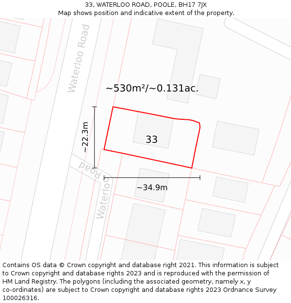 33, WATERLOO ROAD, POOLE, BH17 7JX: Plot and title map