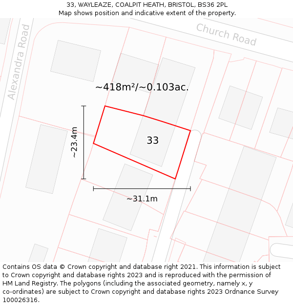 33, WAYLEAZE, COALPIT HEATH, BRISTOL, BS36 2PL: Plot and title map