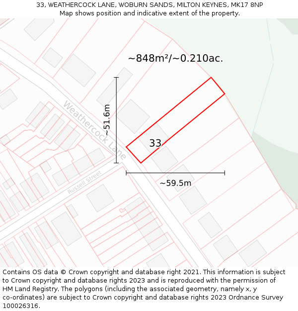 33, WEATHERCOCK LANE, WOBURN SANDS, MILTON KEYNES, MK17 8NP: Plot and title map
