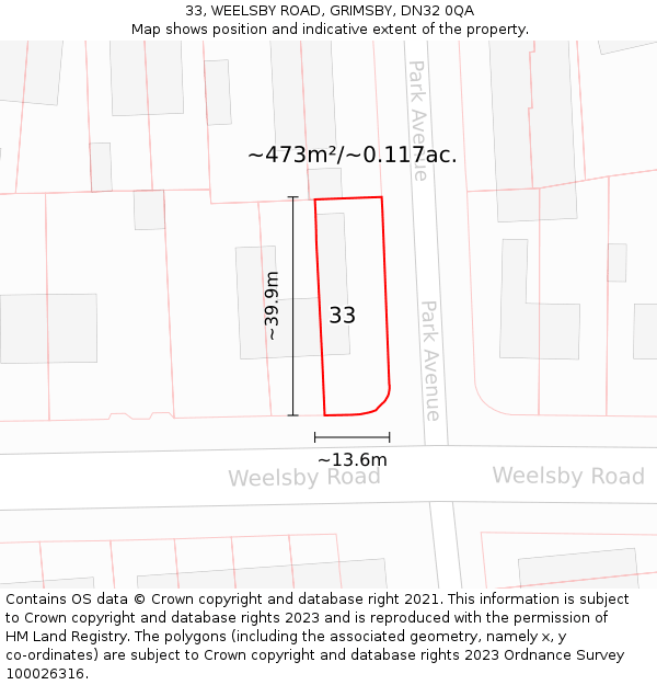 33, WEELSBY ROAD, GRIMSBY, DN32 0QA: Plot and title map