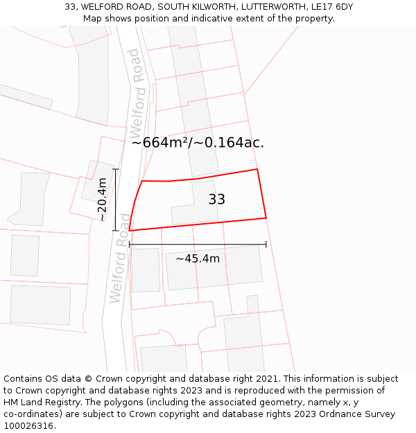 33, WELFORD ROAD, SOUTH KILWORTH, LUTTERWORTH, LE17 6DY: Plot and title map