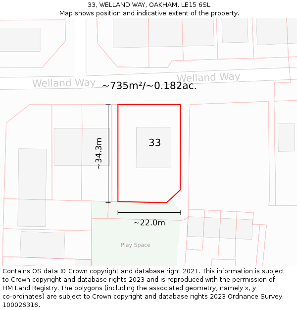 33, WELLAND WAY, OAKHAM, LE15 6SL: Plot and title map