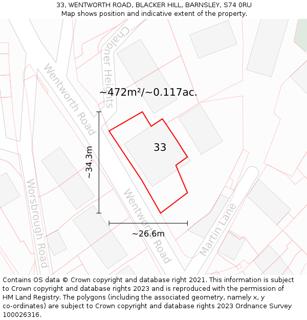 33, WENTWORTH ROAD, BLACKER HILL, BARNSLEY, S74 0RU: Plot and title map